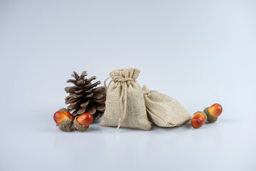Full fill sack bags on the ground with acorns and pine cone 