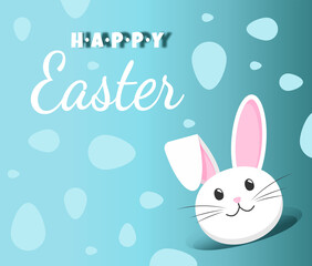 Obraz na płótnie Canvas Happy Easter banner or postcard. Trendy Easter design with typography, a smiling rabbit in the hole and a background with eggs in blue tones. Blue egg pattern. Modern minimalist style.