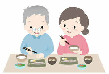 高齢者のおじいさん、おばあさん二人が美味しそうに食事、ご飯を食べているイラスト


