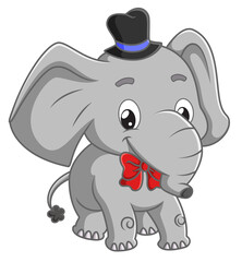 The circus elephant is wearing the ribbon tie and magical hat