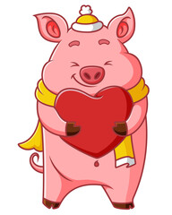 The happy pig is holding the love for valentine event