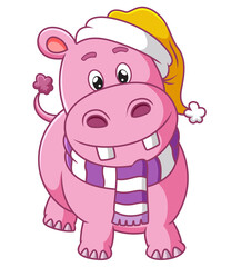 The pretty hippopotamus is wearing the santa hat