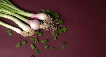Green Onion on brown background