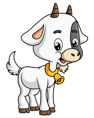 The baby cow is wearing the golden bell