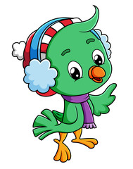The little bird is wearing the hat in the winter season