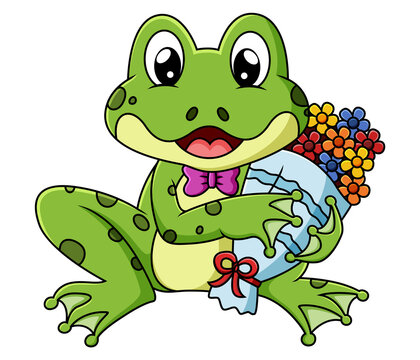 The cute frog is holding a bouquet of flowers for valentine