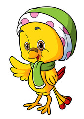 The cute bird is hand waving and wearing a beanie and scarf