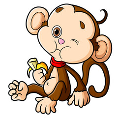 The full monkey is eating banana too much while sitting