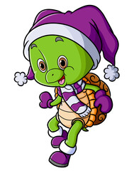 The happy turtle is walking with the winter costume