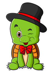 The sweet turtle is sitting and wearing the black hat
