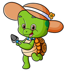 The cute turtle is wearing the beach hat and holding the shovel