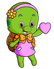 The girly turtle is wearing the dress and holding love