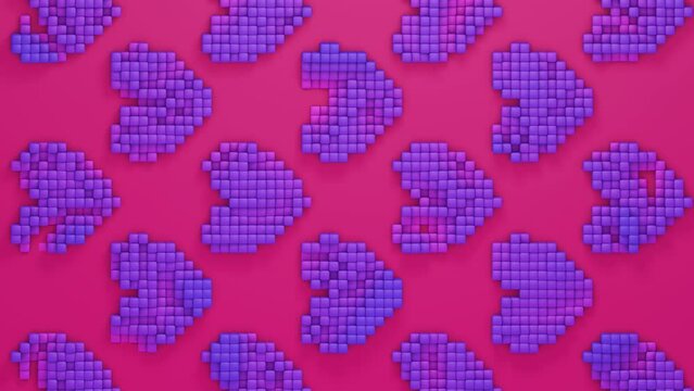 Red background with animated purple pixel hearts. Minimalistic design. 3d render, seamless loop, vertical