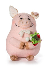 Handmade toy pink pig on white background. Full depth of field. With clipping path