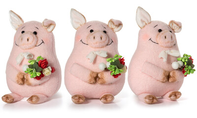 Handmade toy pink pig on white background. Three angles. Full depth of field. With clipping path