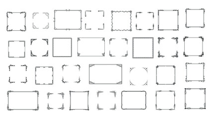 Big Set Black Simple Line Frame Collection Doodle Square Floral Frame Elements Vector Design Style Sketch Isolated Illustration For Banner
