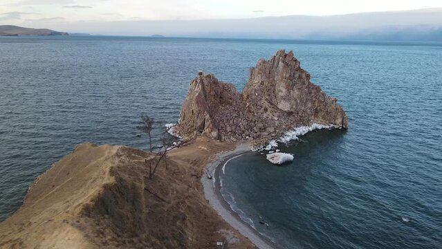 shamanka rock near cape burkhan on olzhon island on lake baikal