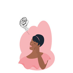 Beautiful Black woman short hair sitting with chin contemplating.Alone woman is Sitting and thinking on pink background. Vector isolate flat design concept for Psychology, unhappy,depression,bad mood.