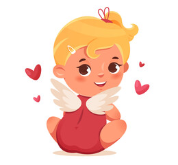 Funny cupid, little angels or amur. Cute Cupid girl sits in a half-turn. Romantic flat character.