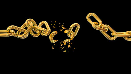 gold golden chain breaking  in pieces horizontal isolated in white background - 3d rendering