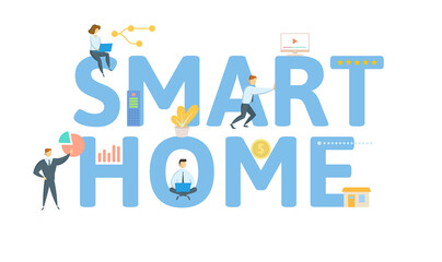 Smart Home. Concept with keyword, people and icons. Flat vector illustration. Isolated on white.