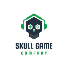 Skull game gamer team emblem logo vector with controller joystick and headset headphone © orendesain99