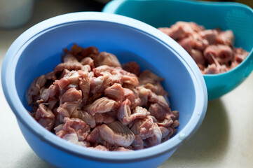 preparation of food for raw feeding. BARF food for dogs and cats. Packaging of food for animals.