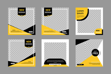 Set of Editable minimal square banner template. Black and yellow background color with stripe line shape. Suitable for social media posts and web internet ads. Vector illustration with photo college