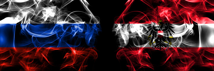 Russia, Russian vs Austria, flag, state flags. Smoke flag placed side by side isolated on black background