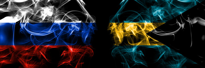 Russia, Russian vs Bahamas, Bahamian flags. Smoke flag placed side by side isolated on black background