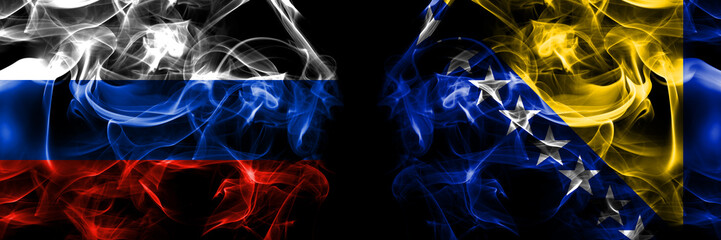 Russia, Russian vs Bosnia and Herzegovina, Bosnian, Herzegovinian flags. Smoke flag placed side by side isolated on black background