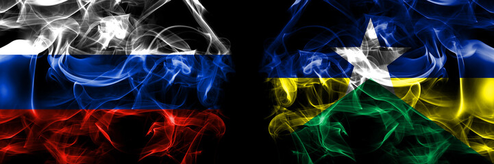 Russia, Russian vs Brazil, Brazilian, Rondonia  flags. Smoke flag placed side by side isolated on black background
