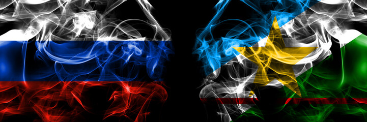 Russia, Russian vs Brazil, Brazilian, Roraima flags. Smoke flag placed side by side isolated on black background