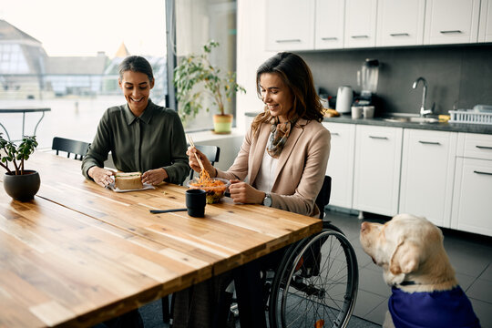 Happy businesswoman in wheelchair has lunch break with her colleague and assistance dog in the office.