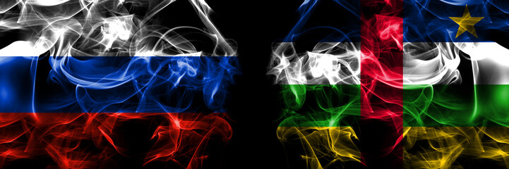 Russia, Russian vs Central African Republic flags. Smoke flag placed side by side isolated on black background