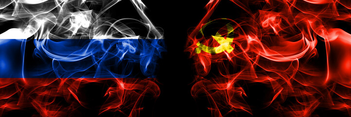 Russia, Russian vs Chinese Communist Party flags. Smoke flag placed side by side isolated on black background