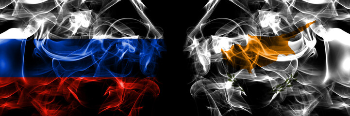 Russia, Russian vs Cyprus, Cypriot flags. Smoke flag placed side by side isolated on black background