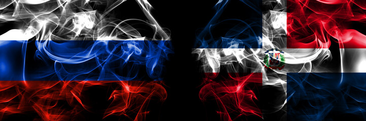 Russia, Russian vs Dominican Republic flags. Smoke flag placed side by side isolated on black background