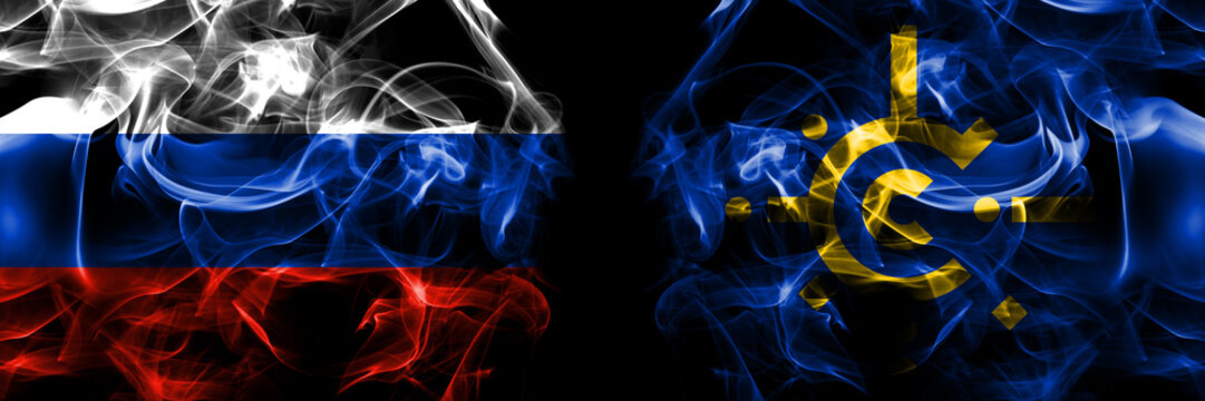 Russia, Russian vs CEFTA flags. Smoke flag placed side by side isolated on black background
