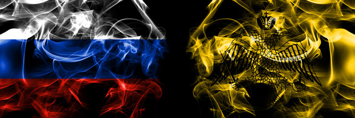 Russia, Russian vs Greece, Greek Orthodox Church flags. Smoke flag placed side by side isolated on black background