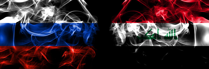 Russia, Russian vs Iraq flags. Smoke flag placed side by side isolated on black background