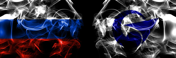 Russia, Russian vs Japan, Japanese, Akkeshi, Hokkaido, Kushiro, Subprefecture flags. Smoke flag...