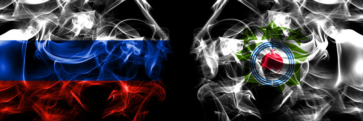 Russia, Russian vs Japan, Japanese, Biratori, Hokkaido, Hidaka, Subprefecture flags. Smoke flag placed side by side isolated on black background