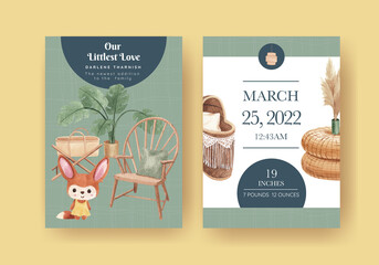 Stats card template with very peri boho nursery concept,watercolor style