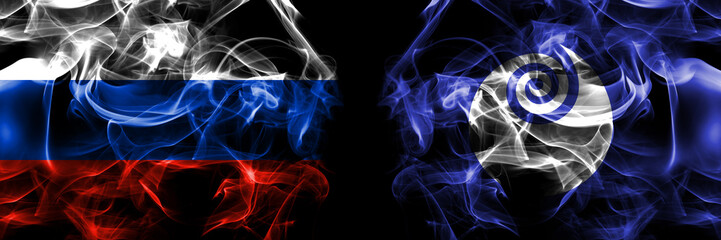 Russia, Russian vs Japan, Japanese, Ibaraki Prefecture flags. Smoke flag placed side by side isolated on black background