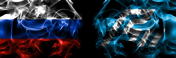 Russia, Russian vs Japan, Japanese, Ishikawa Prefecture flags. Smoke flag placed side by side isolated on black background