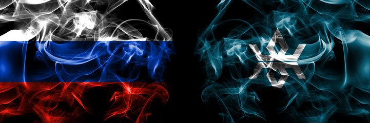 Russia, Russian vs Japan, Japanese, Iwate Prefecture flags. Smoke flag placed side by side isolated on black background