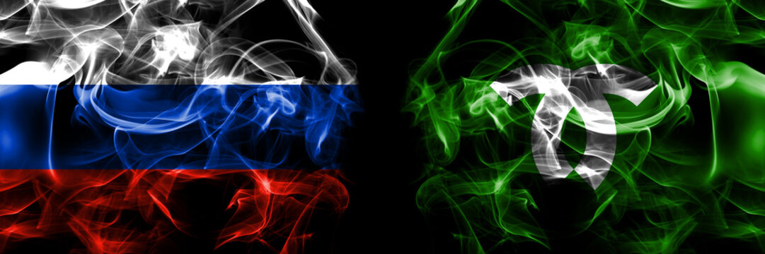 Russia, Russian vs Japan, Japanese, Kobe flags. Smoke flag placed side by side isolated on black background
