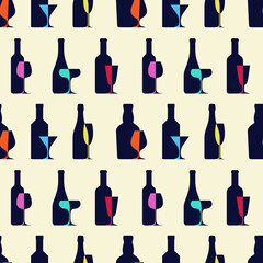 different bottles and wine glasses, seamless pattern. vector illustration.