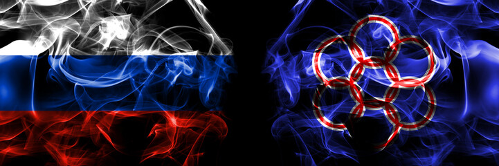 Russia, Russian vs Japan, Japanese, Nanae, Hokkaido, Oshima, Subprefecture flags. Smoke flag placed side by side isolated on black background